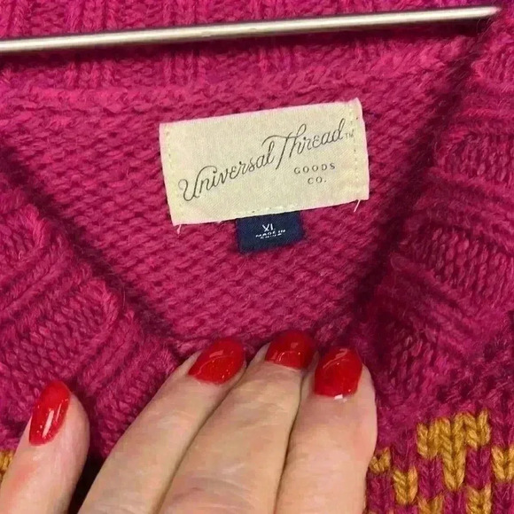 Universal Thread Womens Sweater Dark Pink Tan XL Raglan Sleeves Cropped Chunky - Picture 2 of 11